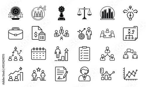 Set of business and finance icon outlines depicting concepts like teamwork growth and achievement