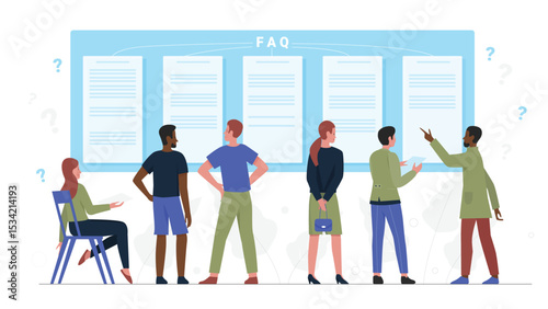 Faq concept, people ask frequent question, need support advice information vector illustration. Cartoon team of woman man characters standing and reading manual faq on helpdesk isolated on white