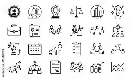 Business and finance icons set showcasing growth teamwork strategy and success in a clean minimalist style
