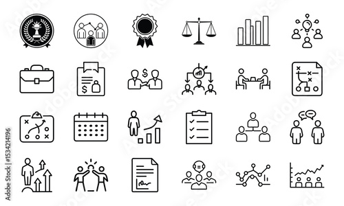 Business and management icon set featuring teamwork planning finance growth strategies and successful outcomes.