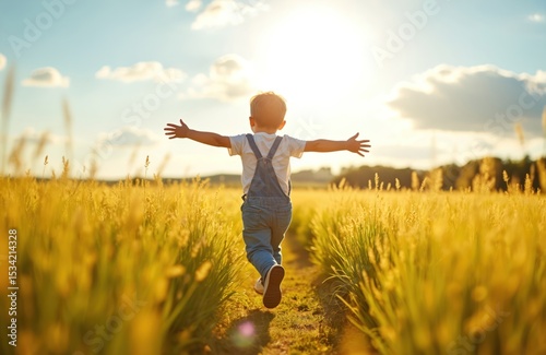 Fototapeta Naklejka Na Ścianę i Meble -  Young child runs in yellow meadow on sunny summer day with open arms. Back view of happy kid enjoying freedom. Bright sunlight, blue sky, golden field background. Childhood dreams, carefree happiness.