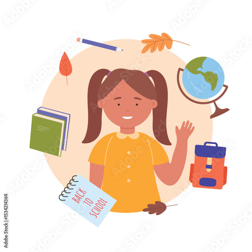 Back to school concept with happy girl student vector illustration. Cartoon avatar profile portrait of young schoolgirl character standing with smile and stationary for schooling, education background