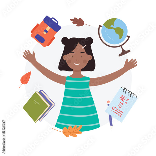 Back to school concept with happy girl student vector illustration. Cartoon avatar profile portrait of young schoolgirl character standing with smile and stationary for schooling, education background