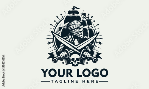 Intricate illustration of a rugged pirate figure with a classic hat, crossed swords, and a majestic sailing ship in the background. Maritime adventure concept