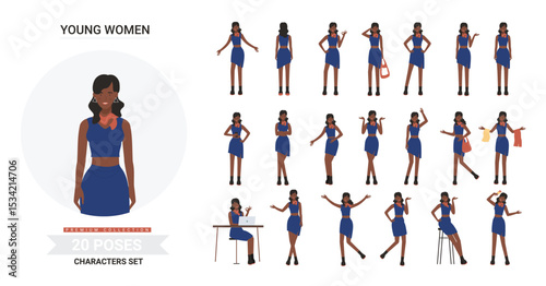 Young fashion black african american girl poses vector illustration set. Cartoon stylish woman in fashionable trendy black clothes, model posing, standing showing various gestures collection isolated