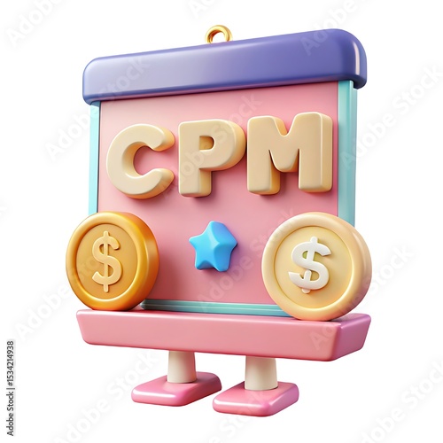 CPM Advertising 3D Render: Cost Per Mille Illustration with Coins, Star, and Pink Board for Marketing & Digital Strategy Concepts