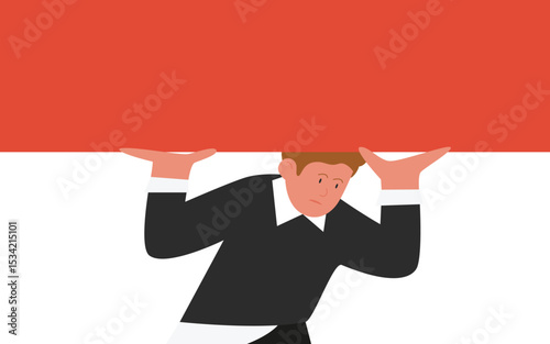 Stressed businessman holding large red block symbolizing pressure, responsibility, or workload in business and office environment, concept for stress management and challenge vector illustration