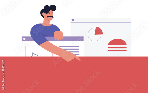 Businessman character pointing at blank space with web interface charts and analytics for presentation marketing or website design isolated on white background vector illustration