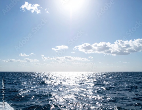 Wide ocean view, bright sun, fluffy clouds
