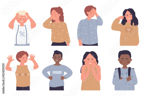 Angry kid and teen vector illustration set isolated. Cartoon cute annoyed children faces in anger frustrated expression and bad emotion collection, cranky upset sulky sad child boy and girl background