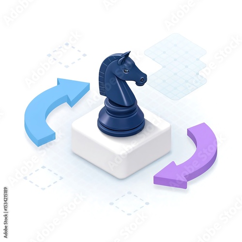Isometric Chess Knight Strategy: Blue and Purple Arrows Circling a White Platform, Strategic Business Planning and Decision Making