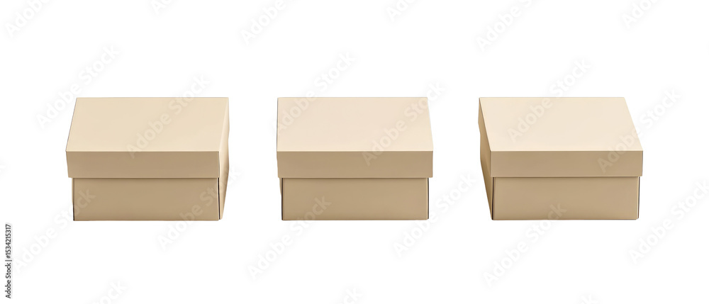 Three plain beige gift boxes stacked neatly, ideal for packaging or presenting items. Three plain beige gift boxes stacked neatly, ideal for packaging or presenting items.