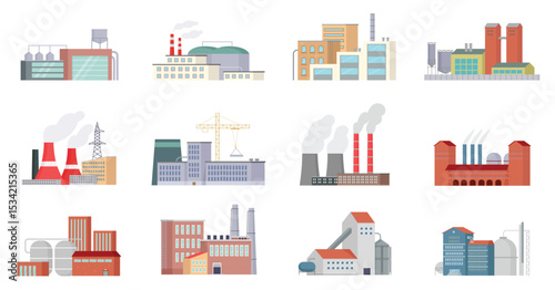 Industrial building factory, industry power station, energy plant set vector illustration. Cartoon exterior of modern urban city architecture collection, business construction isolated on white