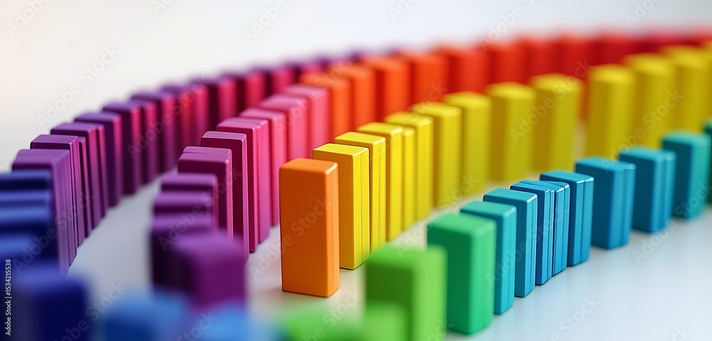 Obraz premium A series of colorful dominoes lined up in an S-shape, representing the concept of glitch art and data visualization. The colors should be bright and vibrant against a white background to highlight the