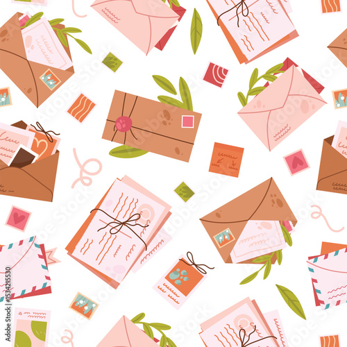Mail post letter, vintage envelope seamless pattern vector illustration. Cartoon cute old postcard from travel, romantic retro letter message with stamp, delivery parcel postage isolated on white