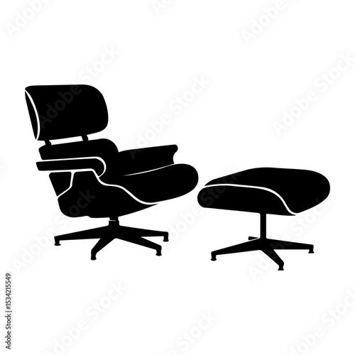 Lounge chair icon representing iconic mid-century modern reclining armchair with ottoman used for stylish comfort and luxury interiors with transparent background
