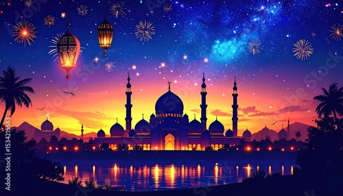 Silhouette mosque at sunset, colorful sky, lanterns, fireworks
