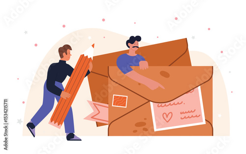 People with mail letter in paper envelope, retro postal delivery service mailbox vector illustration. Cartoon man character holding big pencil in hand to write and send letter isolated on white