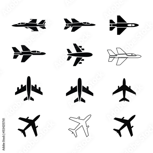 Diverse Collection of Airplane Icons Depicting Various Aircraft Types and Designs for Aviation Enthusiasts and Designers