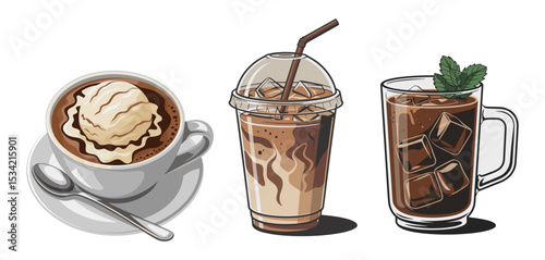 Vector set of iced coffee drinks: affogato with ice cream, iced latte in plastic cup, and cold brew with mint in glass mug. Realistic style illustration on white background