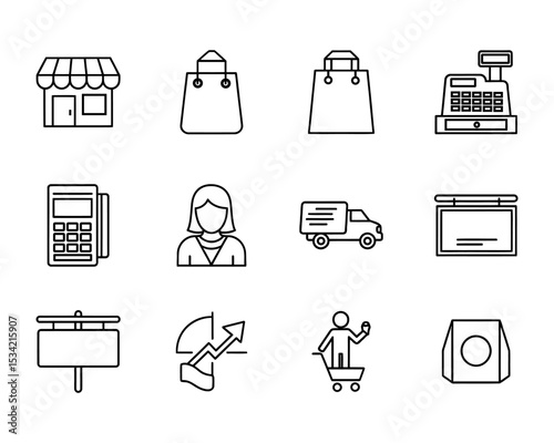 Set of Minimalist Outline Icons Representing Different Aspects of Business and Commerce Activities and Processes