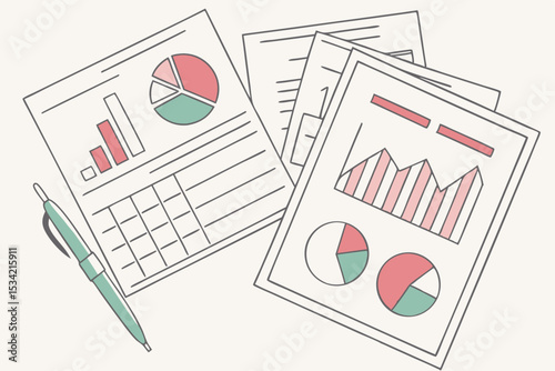 Stacked business reports with pie charts and bar graphs, vector illustration