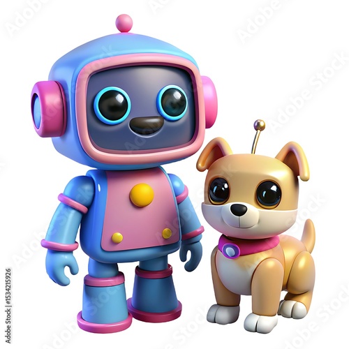 Cute Cartoon Robot and Dog Toy Figures: 3D Render of Adorable AI Companion and Robotic Pet for Kids, Playful and Whimsical Design