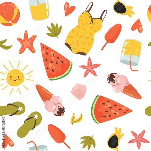 Summer seamless pattern vector illustration. Cartoon cute ripe watermelon, sweet dessert ice cream gelato and fresh cocktail, bikini swimsuit for swimming summertime, beach starfish isolated on white