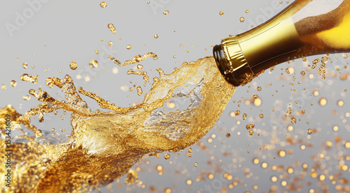 Golden champagne bottle pouring liquid with splashes and bubbles on a neutral background studio shot