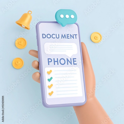 Document Phone App Illustration: 3D Render of Mobile Device with Checklist, Notification Bell, and Coins for Financial Tasks