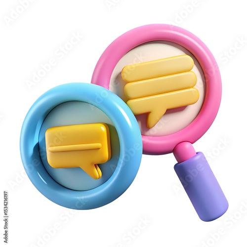 3D Search Icon with Speech Bubbles: Pink and Blue Magnifying Glass for Communication, Feedback, and Social Media Analysis