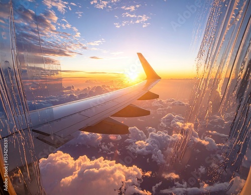 Airplane window view of sunrise over clouds