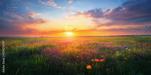 Sunset Over the Wildflower Horizon, ai generated.
