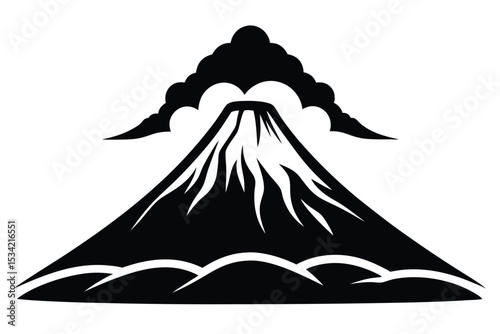 Striking Black Silhouette of Mountain with Clouds, Snow, and Base Hills Graphic Icon
