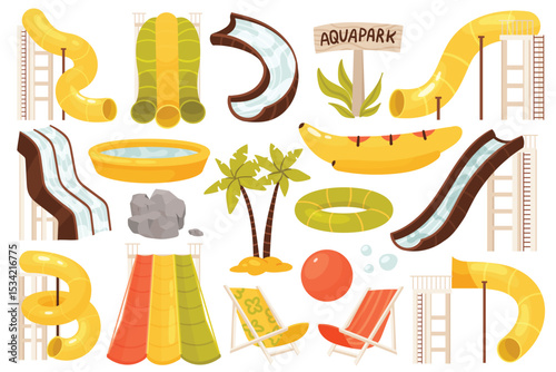 Waterpark equipment set, slide tube with flowing water attraction vector illustration. Cartoon swimming pool, inflatable ring and yellow banana mattress plastic for summer park isolated on white