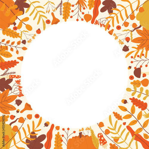 Autumn wreath, circle border frame with floral leaf garland vector illustration. Cartoon round template decoration with fall plants, yellow nature leaves, forest mushrooms, pumpkin acorn background