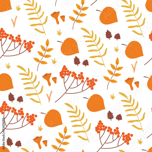 Autumn seamless pattern, fall leaf berry flower in floral repeat texture vector illustration. Cartoon brown orange foliage, tree leaves branches, red forest rowanberry, nature plants background