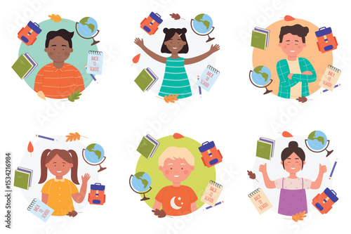 Children back to school set, elementary education vector illustration. Cartoon happy girl boy child characters, schoolboy and schoolgirl with schoolbag, books, globe and pencil school clipart objects