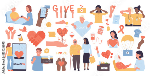 Charity, social help set, voluntary service foundation concept vector illustration. Cartoon volunteers donate, care elderly or disabled people with troubles, humanitarian donation isolated on white