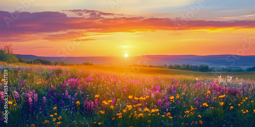 Sunset Over the Wildflower Horizon, ai generated.