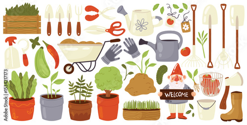 Garden tools set, farm agriculture equipment vector illustration. Cartoon wheelbarrow secateurs trowel shovel spade scissors gloves pitchfork for farming work and landscaping isolated on white