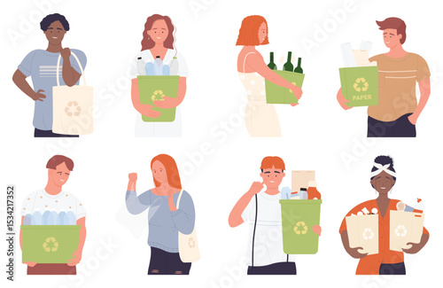People hold bags, bin with trash garbage to recycle and reuse set vector illustration. Cartoon young man woman characters cleaning ecology environment, holding dustbin containers isolated on white