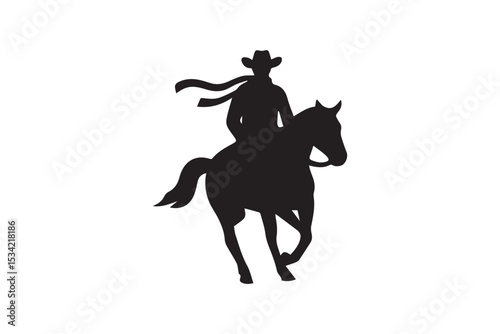 Minimalist cowboy riding horse silhouette silhouette on white background.