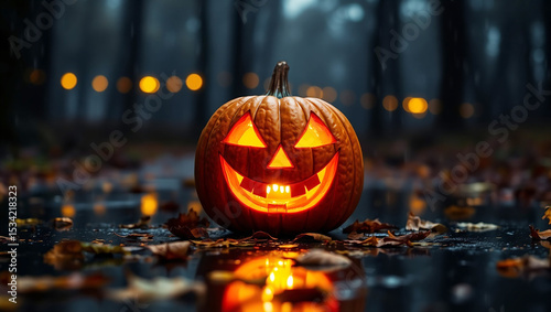 Illuminated Jack O Lantern on Wet Ground with Fallen Leaves at Night