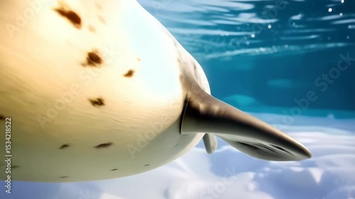 Cute spotted seal swimming underwater near icy snowy shore during bright daytime, enjoying aquatic freedom in cold arctic waters