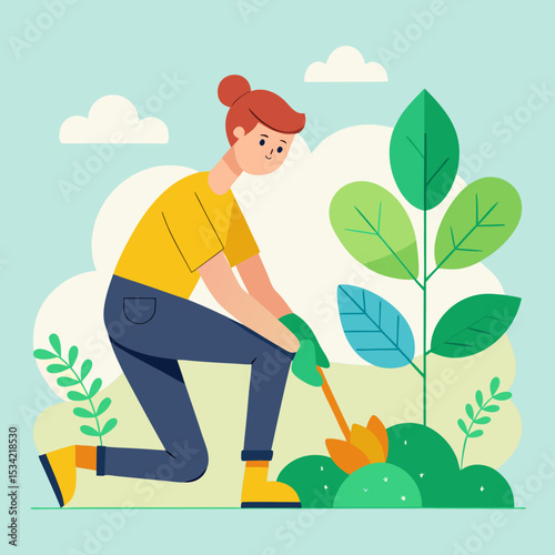 Gender-Neutral Character Planting a Tree  vector illustration