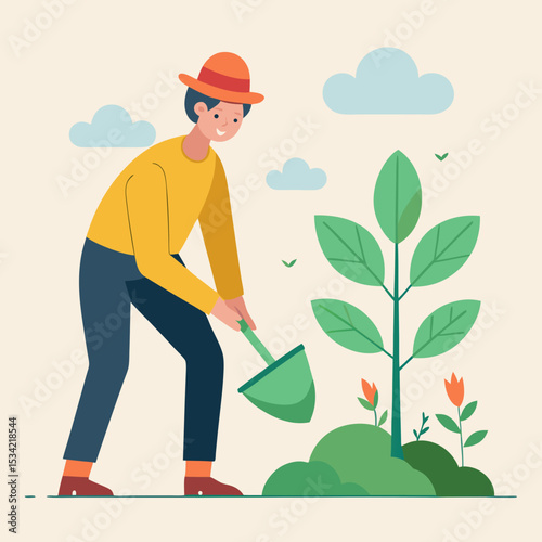 Gender-Neutral Character Planting a Tree  vector illustration