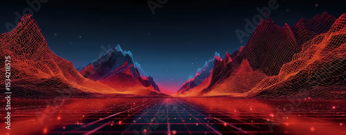 Digital cyber technology background with connected dots on 3d glowing mountain landscape. AI artificial intelligence, big data, data science, digital world, virtual reality, cyberspace, metaverse.