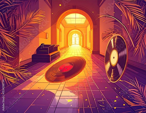 Sunlit corridor with vinyl records, tropical plants