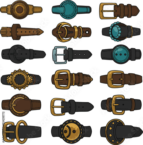 Diverse Belt Buckle Vector Set: Stylish Leather Buckles for Fashion, Reversible Belts, Apparel, Vintage and Modern Accessory Designs.